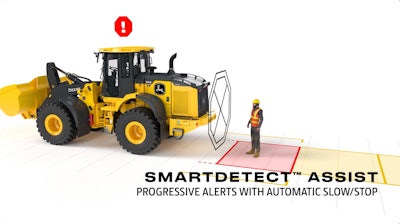 With SmartDetect Assist, John Deere says the machine will automatically stop before coming in contact with a person.